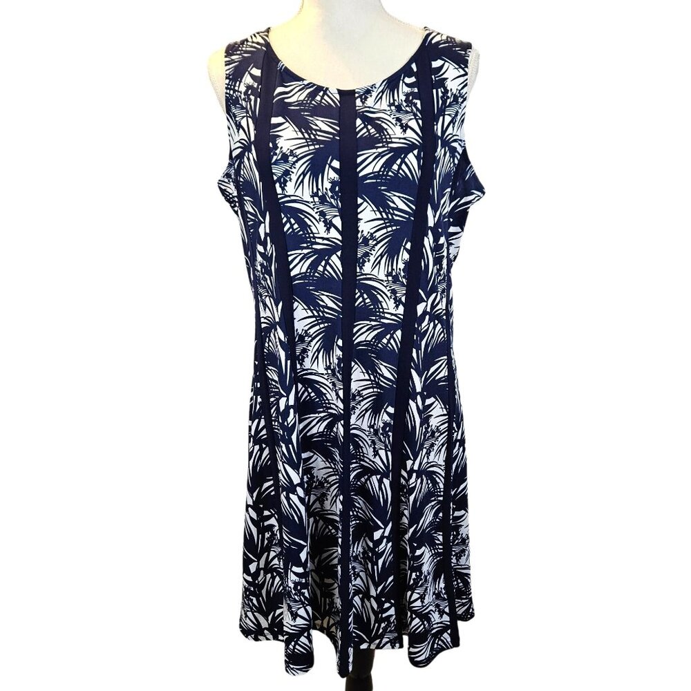 Ny Collection Womens Navy & White Tropical Palm Print Dress Size Medium Casual
